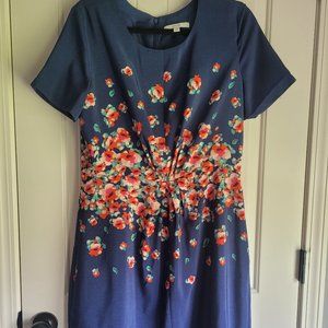 Lark and Ro Dress Womens sz L (12) Navy Blue with red and pink flowers